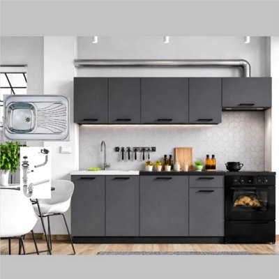 B&Q -  Kitchen Cabinets 7 Unit Set Complete With Sink Black Worktop Grey Kitchenette 240Cm Lina