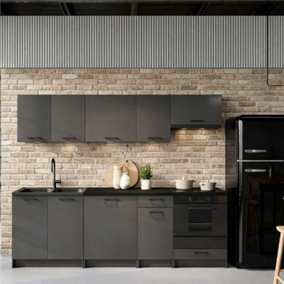 B&Q -  Kitchen Cabinets 8 Units Complete Fitted Kitchenette Set 240Cm Black Grey Kitchenette Lina