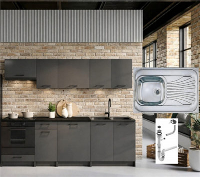 B&Q -  Kitchen Cabinets 8 Unit Complete Set With Sink Black Worktop Grey Fitted Oven Housing Kitchenette 240Cm Lina