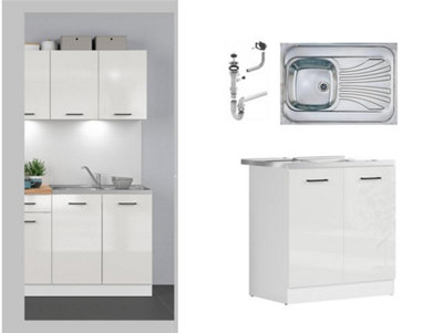 B&Q -  Under Sink Kitchen Unit 800mm Base Cabinet Chalk White Gloss With Steel Sink Sit On Style Modern Junona