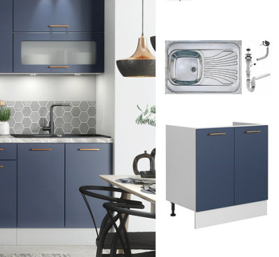 B&Q -  Kitchen Sink With Cupboard Dark Navy Blue Unit Sit On Stainless Steel Sink 800mm 2 Door Complete Cabinet Nora
