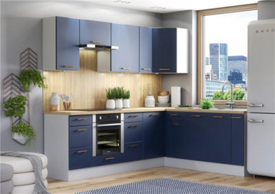B&Q -  Corner Kitchen Cabinets Set 12 Units Diy Fitted Complete Package Dark Navy Blue Cupboards Nora