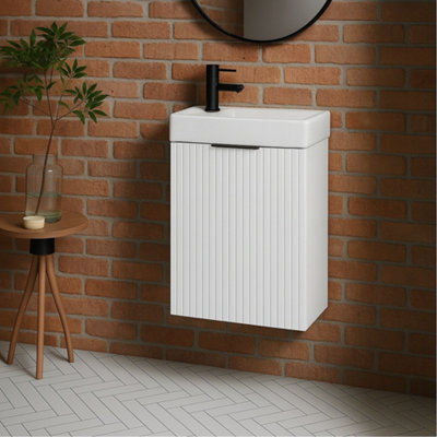 Impact Furniture Bathroom Cloakroom Vanity Unit 400mm Small Sink Cabinet Ribbed Fluted  White Modern Wall Hung Basin Slimline Narrow Adel from B&Q