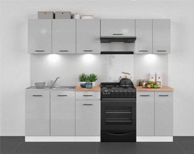 B&Q -  Kitchen Cabinets Fitted Package 7 Unit Set Complete Wall Base Cupboards Light Grey Gloss 240Cm Diy Kitchenette Junona