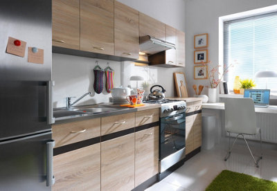 B&Q -  Fitted Kitchen Cabinets Package Set 7 Complete Units Diy 240Cm Sonoma Oak Wooden Effect Cupboards Junona