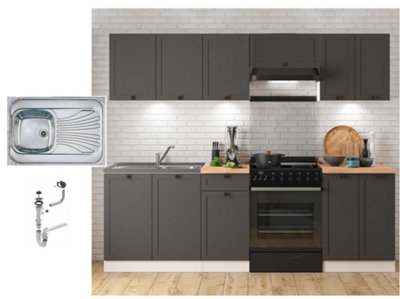 B&Q -  Kitchen Cabinets Units 7 Cupboards With Sink Fitted Set Shaker Dark Grey Sit On Sink Diy Furniture 2.4M Kitchenette Junona