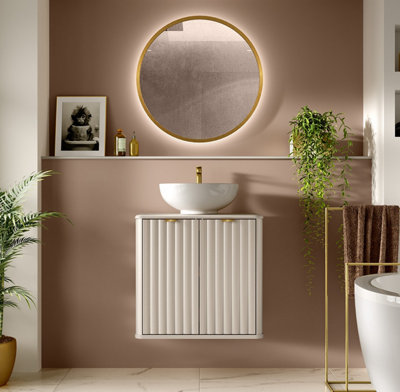 B&Q -  Vanity Unit With Basin Wall Hung Bathroom 600mm Countertop Cabinet Fluted Ribbed Beige Cashmere Oren