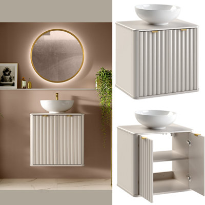 B&Q -  Bathroom Vanity With Sink 600mm Wall Hung Fluted Bathroom Cabinet Countertop Basin Unit Beige Cashmere Oren