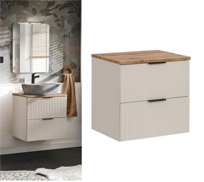 B&Q -  Bathroom Countertop Vanity Sink Unit Fluted Wall Cabinet With Drawers Beige Cashmere 600mm Oak Worktop Adel