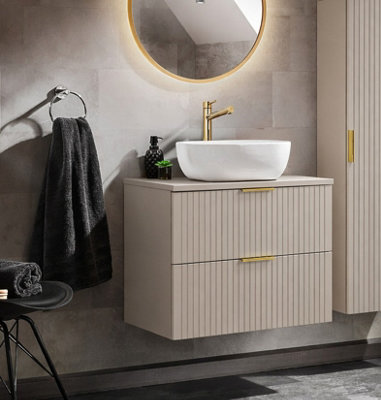 B&Q -  Vanity Unit With Basin 600mm Countertop Wall Hung Bathroom Cabinet With Sink Fluted Ribbed Beige Cashmere Adel