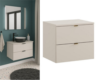 B&Q -  Bathroom Vanity Unit 600mm Wall Cabinet With Worktop Floating 2 Drawer Cashmere Beige Modern Countertop Unit Slab Front Dalia