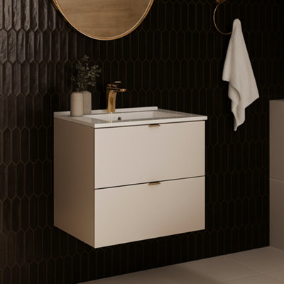 B&Q -  Bathroom Vanity Unit With Basin Beige 600mm Floating Drawer Wall Sink Cabinet Cashmere Dalia