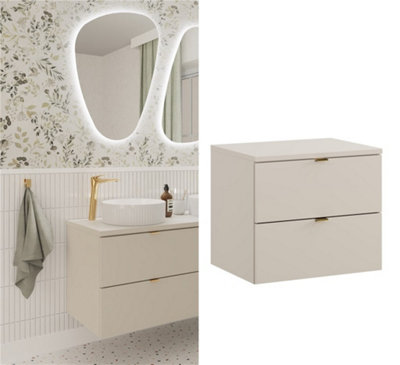 B&Q -  Bathroom Vanity Unit Beige Cabinet With Worktop 600mm Wall Hung Countertop Floating 2 Drawer Under Sink Storage Dalia