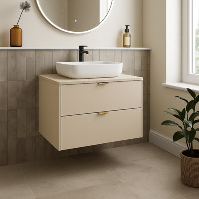 B&Q -  Bathroom Vanity With Sink 600mm Countertop Unit Wall Cabinet Beige Worktop Floating Drawer Storage Dalia