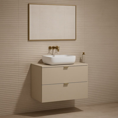 B&Q -  Bathroom Vanity Unit With Sink Beige Wall Cabinet With 600mm Worktop Countertop Floating Drawer Storage White Oval Basin Dalia