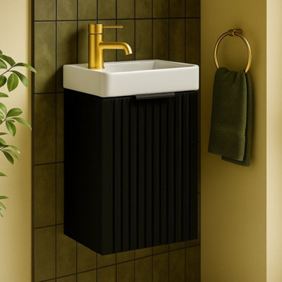 Impact Furniture Cloakroom Vanity Unit With Basin 400mm Ribbed Fluted Black Modern Small Bathroom Wall Sink Cabinet Slimline Narrow Adel from B&Q