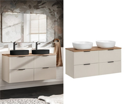B&Q -  Double Vanity Unit With Basins 1200mm Bathroom Beige Sink Cabinet Fluted Drawer Oak Effect Countertop Wall Mounted Adel