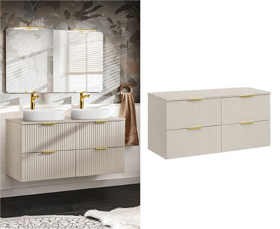 B&Q -  Double Vanity Unit Beige Bathroom 1200mm Sink Cabinet Drawers Wall Storage Countertop Worktop Fluted Ribbed Cashmere Adel