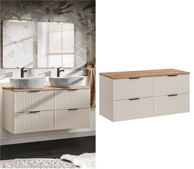 B&Q -  Double Vanity Unit Beige Bathroom 1200mm Cabinet Cashmere Drawers Storage Oak Effect Countertop Worktop Adel