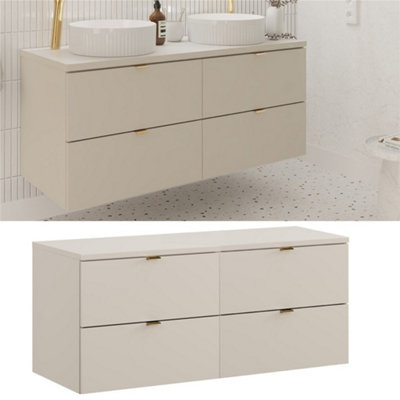 B&Q -  Double Vanity Unit 1200mm Bathroom Wall Cabinet Countertop Floating 4 Drawer Cashmere Beige Storage With Worktop Dalia
