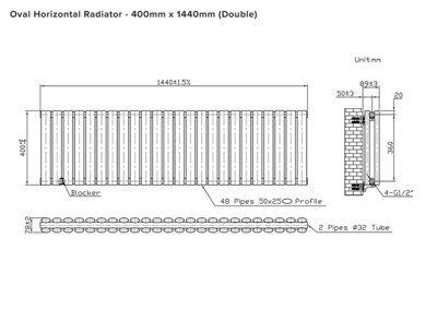 B&Q -  Oval Horizontal Radiator Black 400 mm X 1440 mm Double Panel Lux Oval-400-1470D