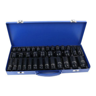Us Pro Tools 35Pc 1/2" Dr 6Pt Deep & Shallow Impact Socket Set 8-32mm Metal Case 7604 from B&Q
