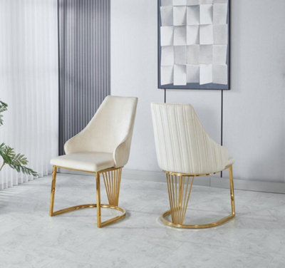 B&Q - Set Of 2  Cream Velvet Upholstered Dining Chairs With Golden Metal Legs