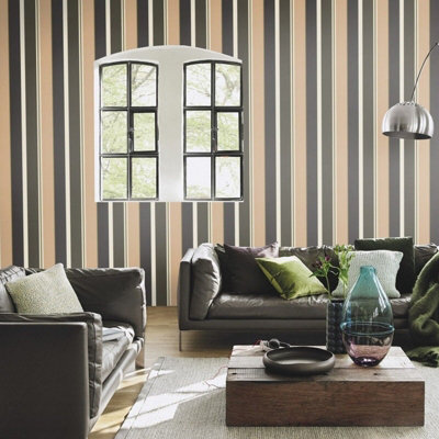 Rasch Black White Green Wallpaper Botanique Stripes Metallic Gold Textured Retro Vinyl from B&Q