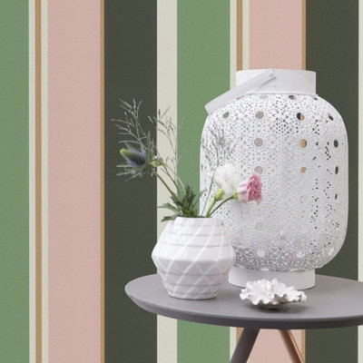 Rasch Green White Pink Wallpaper Botanique Stripes Metallic Gold Textured Retro Vinyl Green/White/Pink