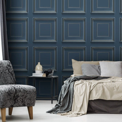 Navy Panel Effect Wallpaper Metallic Gold Realistic 3D Wood Effect Flat Finish 5061018351527 - Image 5