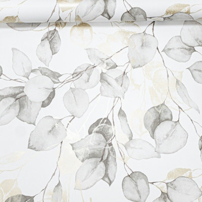 Muriva Grey Natural Floral Wallpaper White Gold Metallic Grey Eucalyptus Leaves Smooth from B&Q
