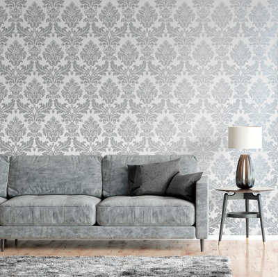 Sophie Laurence Silver Grey Damask Wallpaper Floral Feature Vintage Retro Metallic Smooth Finish from B&Q