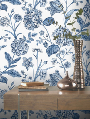Arthouse Rasch Hydrangea Blue Printed Wallpaper Roll Bedroom Hallway Wall Decor Sample Only from B&Q