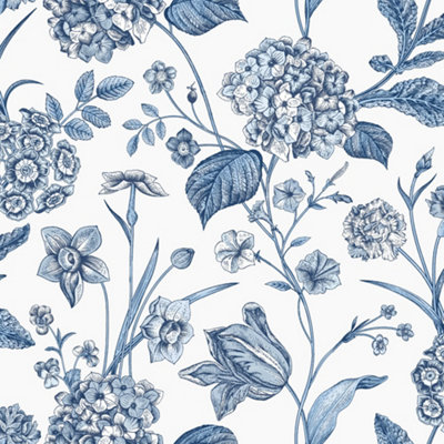 Arthouse Rasch Hydrangea Blue Printed Wallpaper Roll Bedroom Hallway Wall Decor Full Roll from B&Q