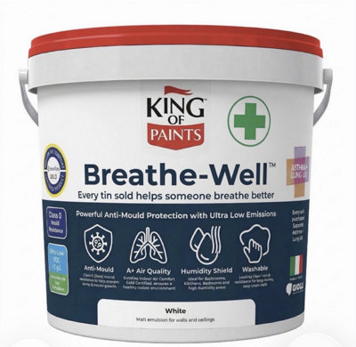 King of Paints Asthma And Allergy Friendly Interior Wall And Ceiling Paint Breathe-Well Anti Mould Paint 5L White from B&Q