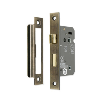B&Q -  3" Ce 3 Lever Bathroom Lock Fd60Antique Brass