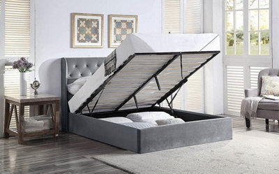 Home Treats Ottoman Storage Bed With Mattress & Tall Velvet Winged Headboard Grey