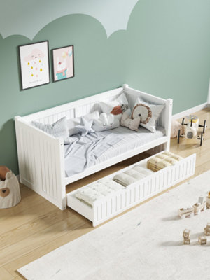Home Treats Single Day Bed With Hybrid Mattress For Kids White Wooden Childrens Bed With Drawer