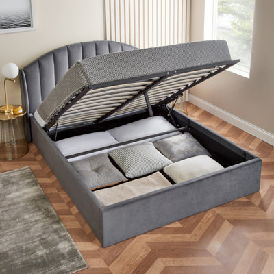 Home Treats Grey Small Double Ottoman Bed With Curved Headboard & Wings