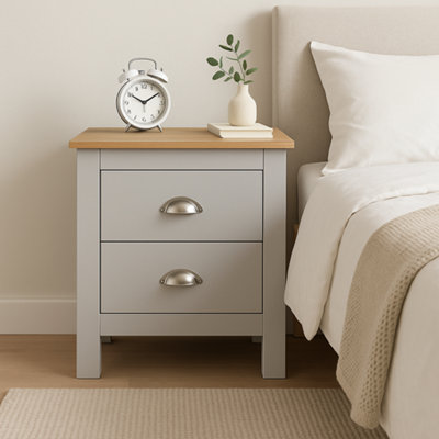 Home Treats Grey & Pine 2 Drawer Bedside TableModern Wooden Nightstand With Pine Top from B&Q