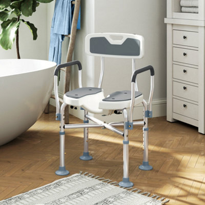 Homcom Grey Padded Bath Chair With Slotted Seat And Adjustable Height,