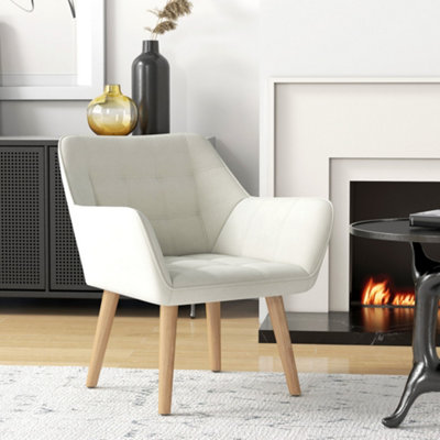 Homcom Velvet-Feel Accent Chair With Arms Slanted Back Wood Legs Cream White from B&Q