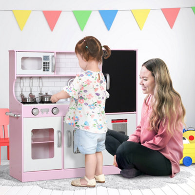 Aiyaplay Play Kitchen, Pretend Toy Kitchen With Toy Phone, Chalkboard, Pink