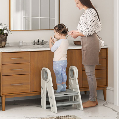 Toddler Learning Tower Foldable Adjustable Handle Non-Slip Step Stool Grey - Image 6