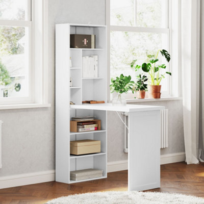 HOMCOM Convertible Desk with Whiteboard - 9-Shelf Unit, Folding Table - White - MDF, Pine Wood - Image 6