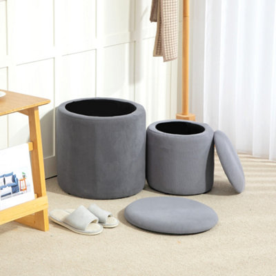 HOMCOM Fabric Storage Ottoman with Removable Lid - Set of 2 - Light Grey - Corduroy Upholstery - Image 8