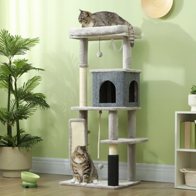 Pawhut Cat Tree Tower Scratching Post Bed House, 132Cm, Light Grey - Image 8