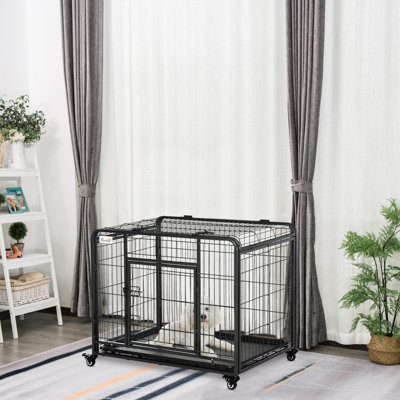 PAWHUT 69.5x94cm Metal Dog Cage Kennel w/ Locking Door & Wheels Medium Pets in Dark Grey - Image 10