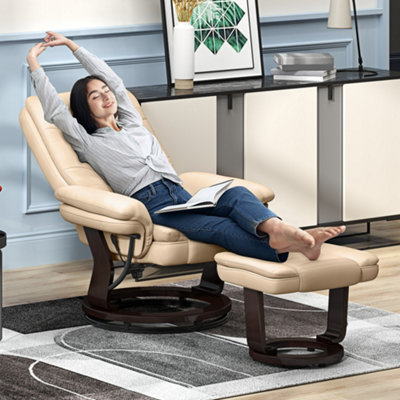 B&Q -  Swivel Manual Recliner And Footrest Set Pu Leather Lounge Chair Beige