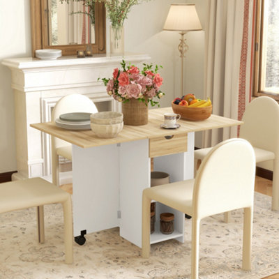 Rackhams White Folding Dining Table, Drop Leaf Table For Small Spaces, Foldable Table With Drawer And Storage Shelves For Kitchen, Dining Room, Oak - Oak - Image 9